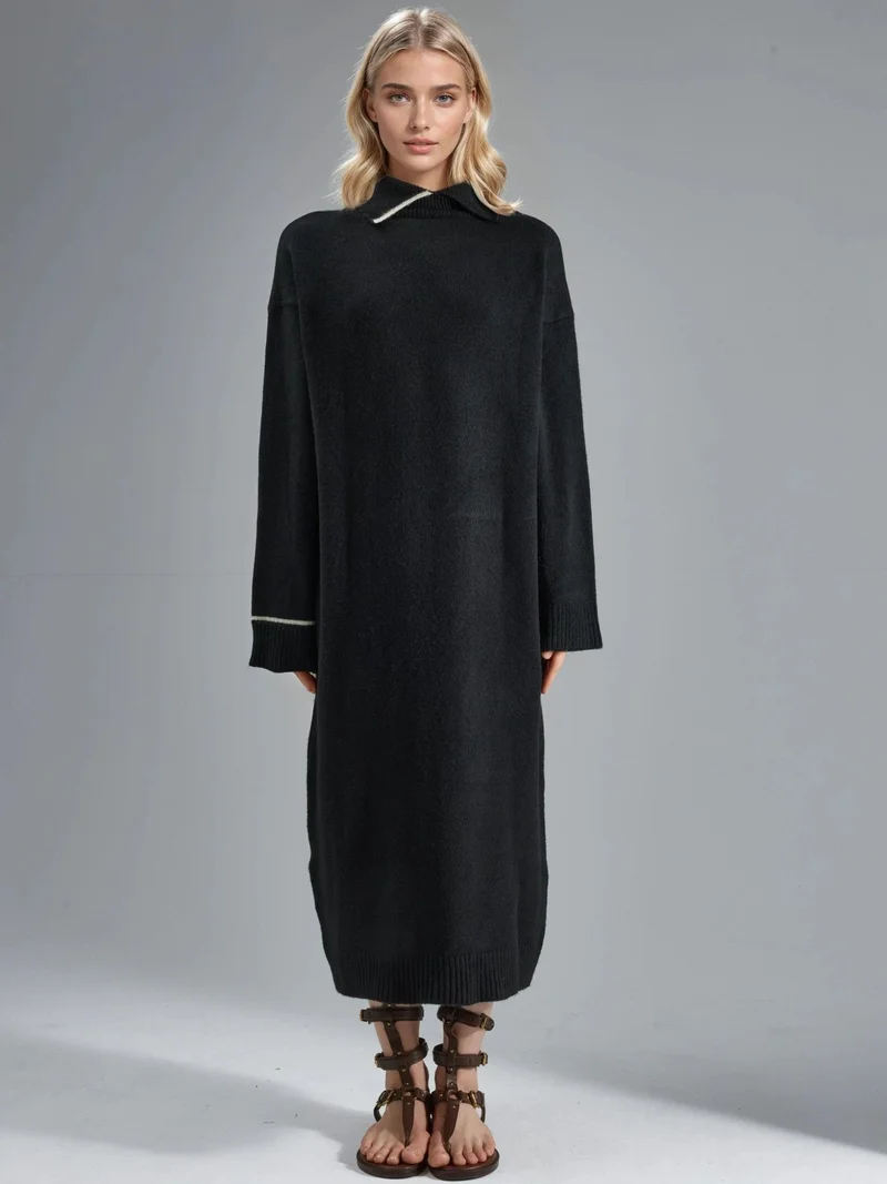 MY FASHION Black MY FASHION Polo Collar Ribbed Midi Knit Dress for Women | Best Price UAE